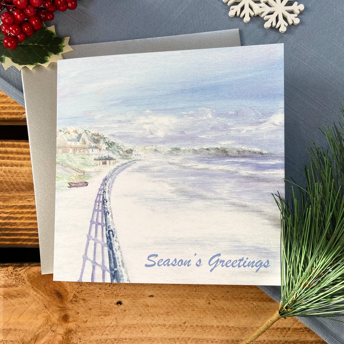 Snow on Filey Beach Christmas card