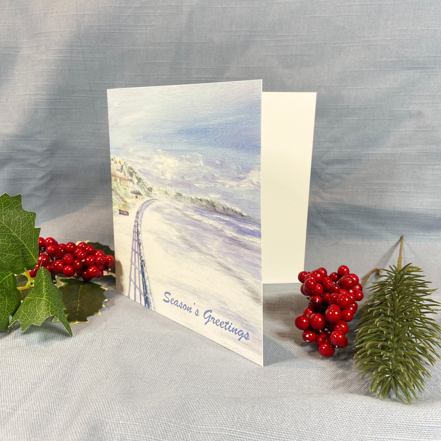 Snow on Filey Beach Christmas card